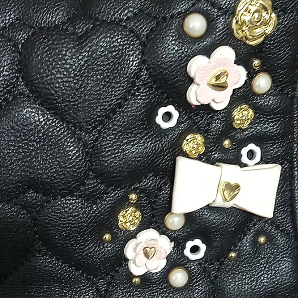 Betsey Johnson Tote Bag Pink Black Quilted Heart Beaded Studded Bowties Pearls